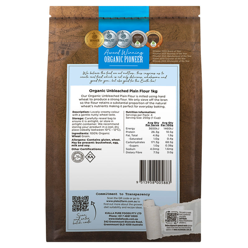 Kialla Organic Unbleached Plain Flour 1kg